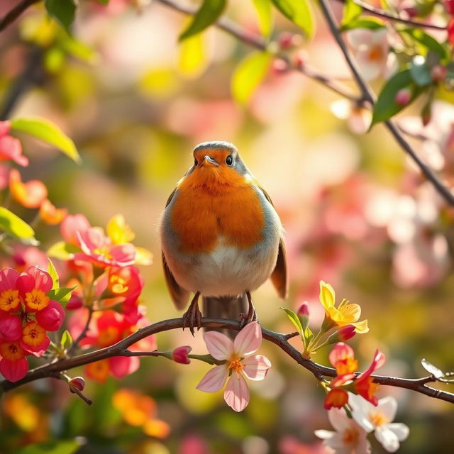 A vibrant robin perched on a branch, surrounded by colorful spring flowers