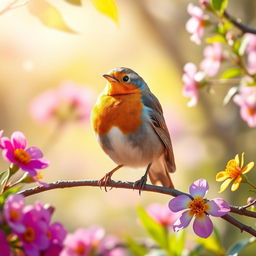 A vibrant robin perched on a branch, surrounded by colorful spring flowers