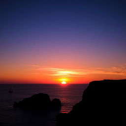 A striking contrast between light and darkness, featuring a vibrant sunset over a calm ocean with the sun dipping below the horizon, casting brilliant orange, pink, and purple hues across the sky