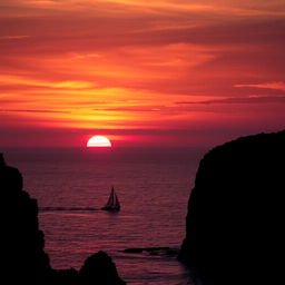 A striking contrast between light and darkness, featuring a vibrant sunset over a calm ocean with the sun dipping below the horizon, casting brilliant orange, pink, and purple hues across the sky