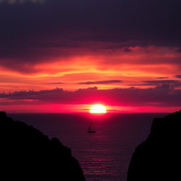 A striking contrast between light and darkness, featuring a vibrant sunset over a calm ocean with the sun dipping below the horizon, casting brilliant orange, pink, and purple hues across the sky