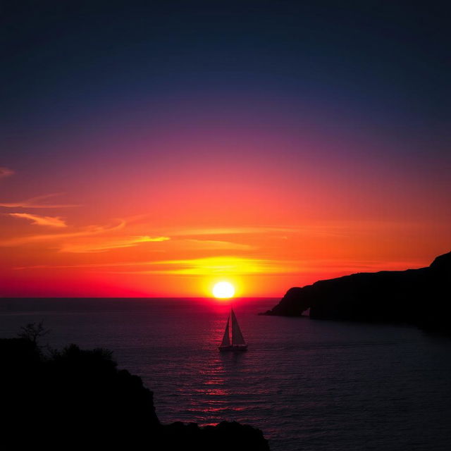 A striking contrast between light and darkness, featuring a vibrant sunset over a calm ocean with the sun dipping below the horizon, casting brilliant orange, pink, and purple hues across the sky