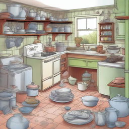 This is a whimsical, high-quality illustration of Emily's English cottage-style kitchen, overwhelmed with stacks of dirty dishes, glasses, pots, and pans that haven't been washed for weeks