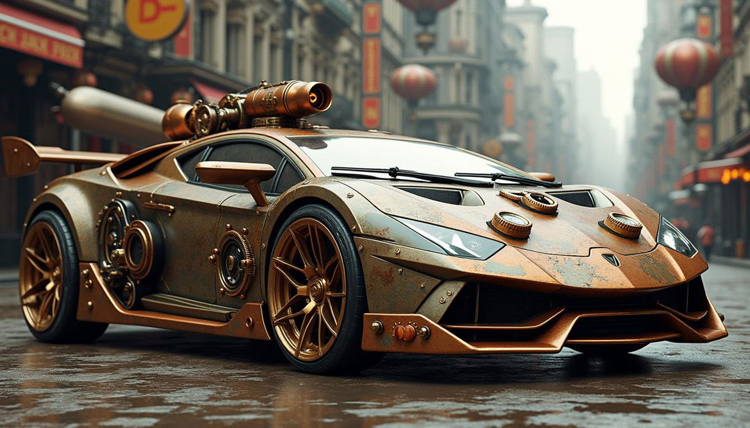 A stunning steampunk-inspired Lamborghini, featuring ornate brass and copper embellishments, intricate mechanical details, and a vintage aesthetic