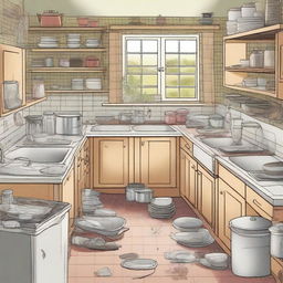 This is a whimsical, high-quality illustration of Emily's English cottage-style kitchen, overwhelmed with stacks of dirty dishes, glasses, pots, and pans that haven't been washed for weeks