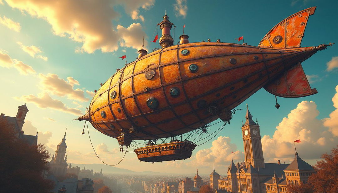 A magnificent steampunk airship soaring through a vibrant sky, surrounded by fluffy clouds and bathed in warm sunlight