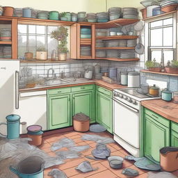 This is a whimsical, high-quality illustration of Emily's English cottage-style kitchen, overwhelmed with stacks of dirty dishes, glasses, pots, and pans that haven't been washed for weeks