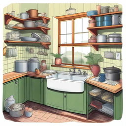 This is a whimsical, high-quality illustration of Emily's kitchen in her quaint, English cottage-style home