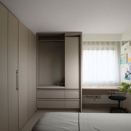 A harmonious room layout featuring a restful bed, a spacious cupboard for storage, and a functional study table under natural lighting.