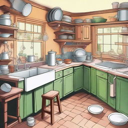 This is a whimsical, high-quality illustration of Emily's kitchen in her quaint, English cottage-style home