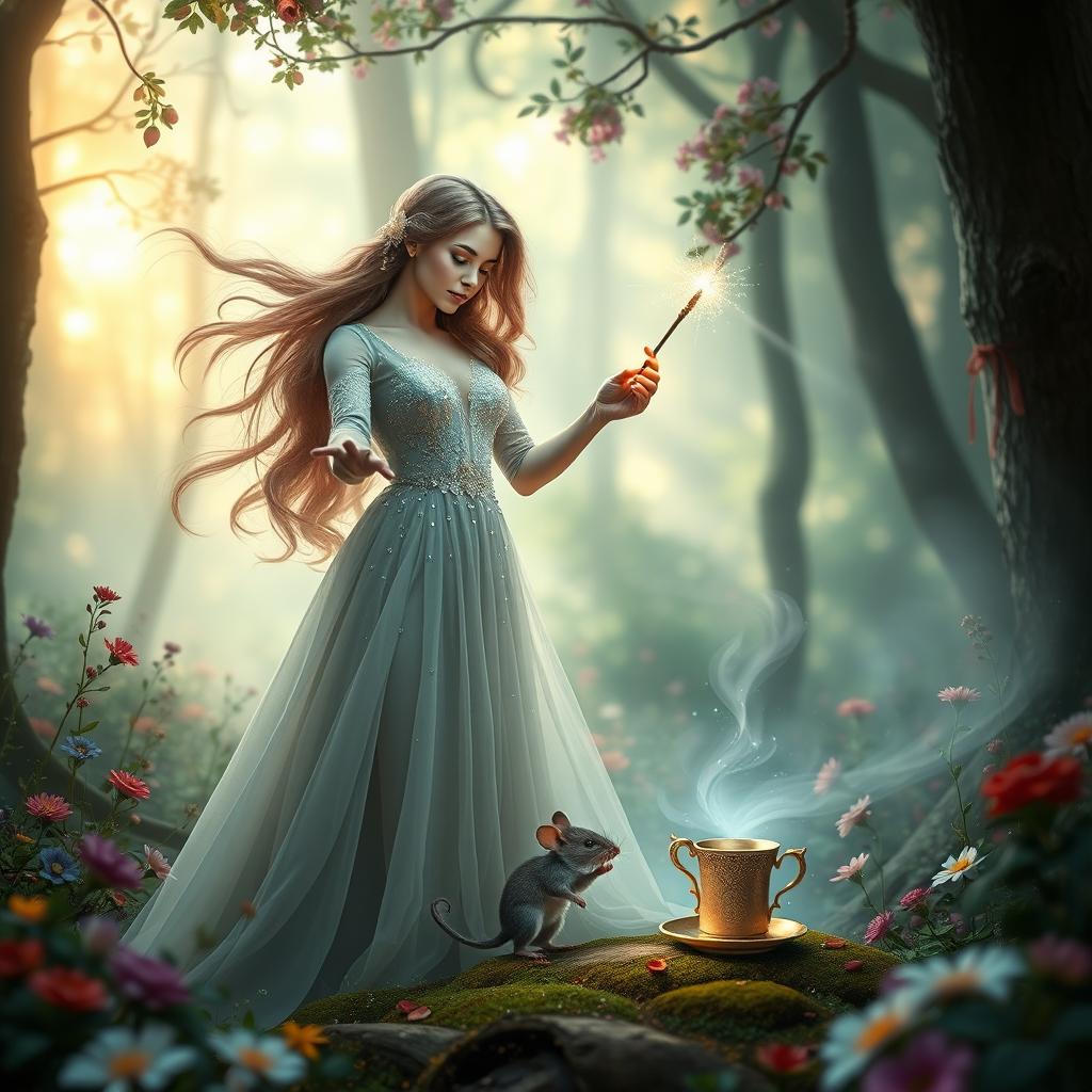 A mystical scene featuring a beautiful woman with flowing hair, standing gracefully in an enchanting forest