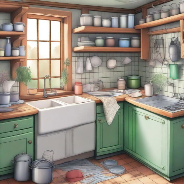 This is a whimsical, high-quality illustration of Emily's kitchen in her quaint, English cottage-style home