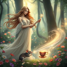 A mystical scene featuring a beautiful woman with flowing hair, standing gracefully in an enchanting forest