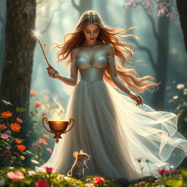 A mystical scene featuring a beautiful woman with flowing hair, standing gracefully in an enchanting forest