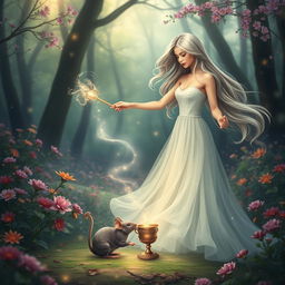 A mystical scene featuring a beautiful woman with flowing hair, standing gracefully in an enchanting forest