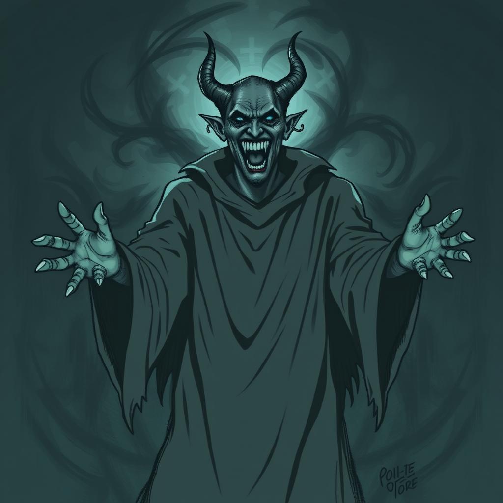 An illustration sketch of a cultist with demonic features, his face twisted into a mocking smile, exuding malevolence and dark charisma