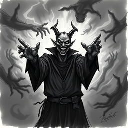 An illustration sketch of a cultist with demonic features, his face twisted into a mocking smile, exuding malevolence and dark charisma
