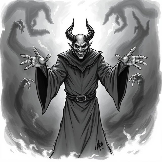 An illustration sketch of a cultist with demonic features, his face twisted into a mocking smile, exuding malevolence and dark charisma