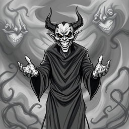 An illustration sketch of a cultist with demonic features, his face twisted into a mocking smile, exuding malevolence and dark charisma