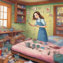 This is a whimsical, high-quality illustration of Emily orchestrating a late-night spectacle in her messy, old English cottage-style bedroom