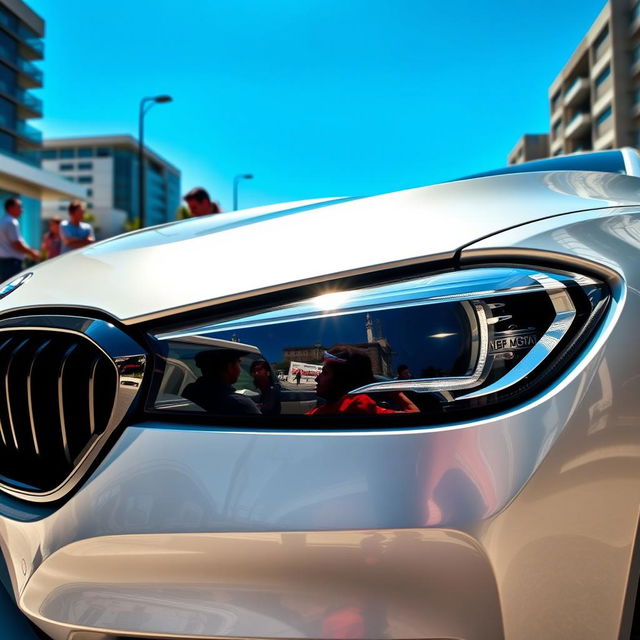 A stunning BMW car showcased in a vibrant urban environment, with detailed reflections on its sleek, polished surface