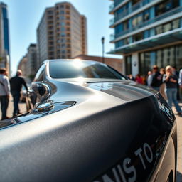 A stunning BMW car showcased in a vibrant urban environment, with detailed reflections on its sleek, polished surface
