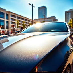 A stunning BMW car showcased in a vibrant urban environment, with detailed reflections on its sleek, polished surface
