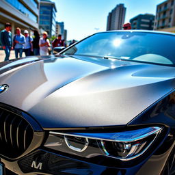 A stunning BMW car showcased in a vibrant urban environment, with detailed reflections on its sleek, polished surface