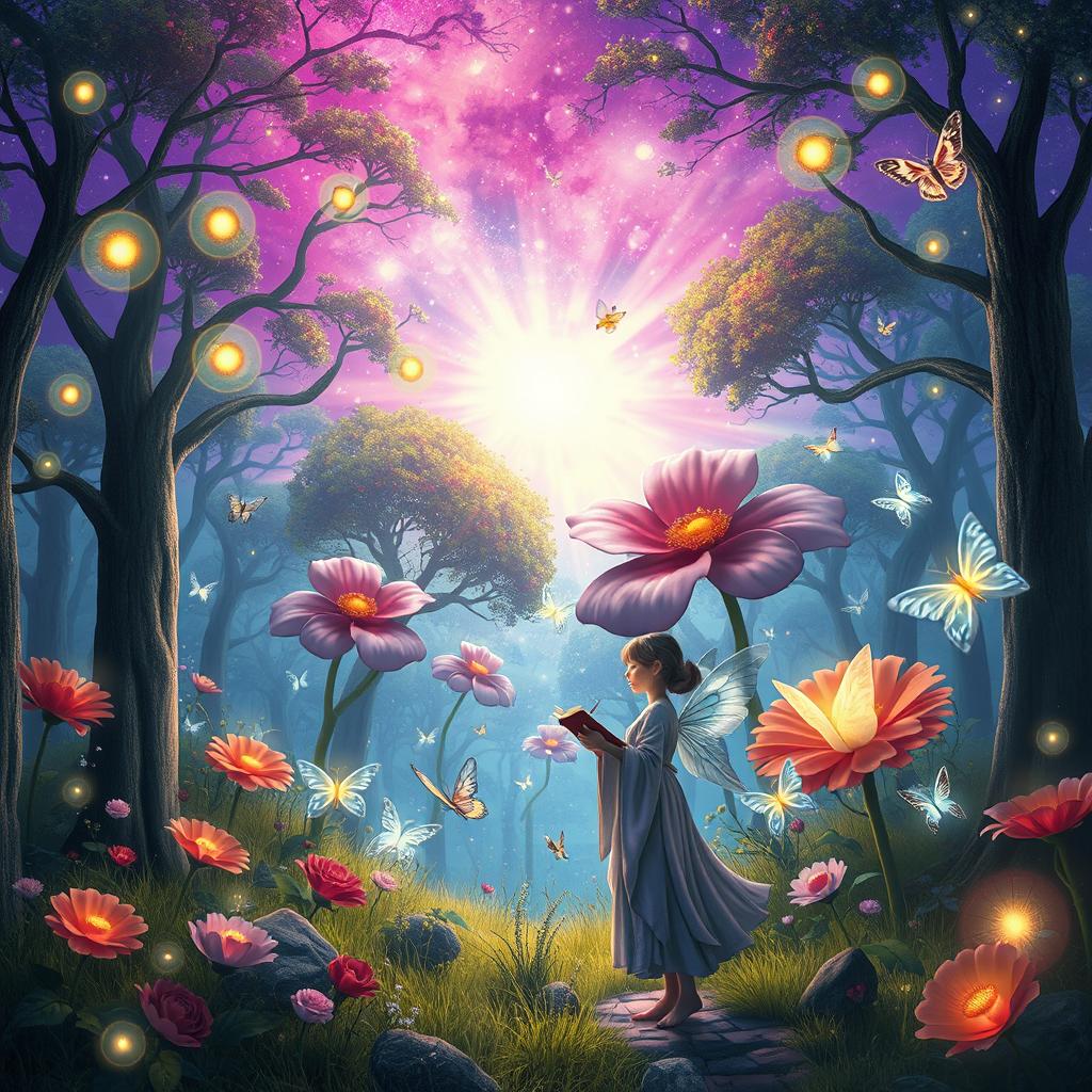 A whimsical and surreal scene in a vibrant, enchanted forest, where trees are adorned with glowing orbs of light and oversized flowers bloom in exotic colors