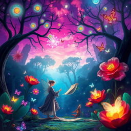 A whimsical and surreal scene in a vibrant, enchanted forest, where trees are adorned with glowing orbs of light and oversized flowers bloom in exotic colors