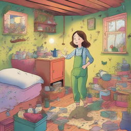 This is a whimsical, high-quality illustration of Emily orchestrating a late-night spectacle in her messy, old English cottage-style bedroom