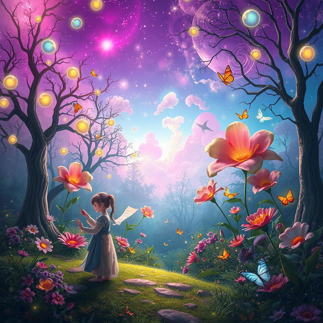 A whimsical and surreal scene in a vibrant, enchanted forest, where trees are adorned with glowing orbs of light and oversized flowers bloom in exotic colors