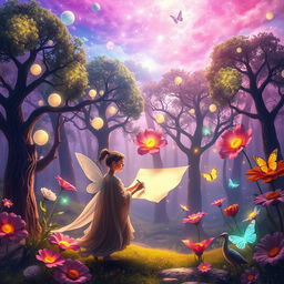 A whimsical and surreal scene in a vibrant, enchanted forest, where trees are adorned with glowing orbs of light and oversized flowers bloom in exotic colors