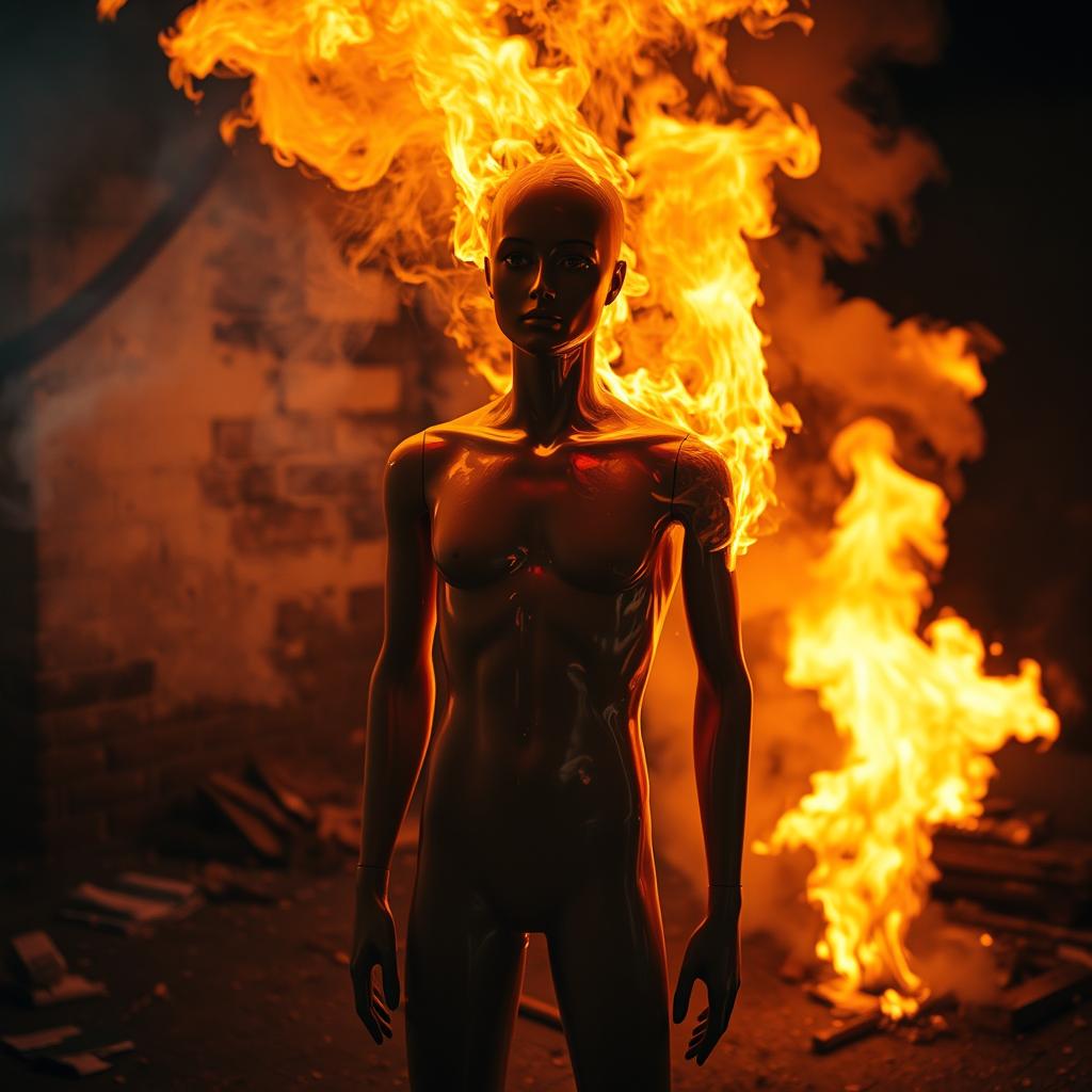 A mannequin engulfed in flames, creating a dramatic and intense scene