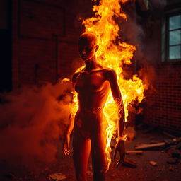 A mannequin engulfed in flames, creating a dramatic and intense scene