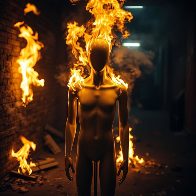 A mannequin engulfed in flames, creating a dramatic and intense scene