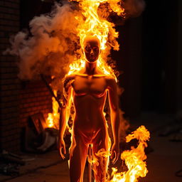 A mannequin engulfed in flames, creating a dramatic and intense scene