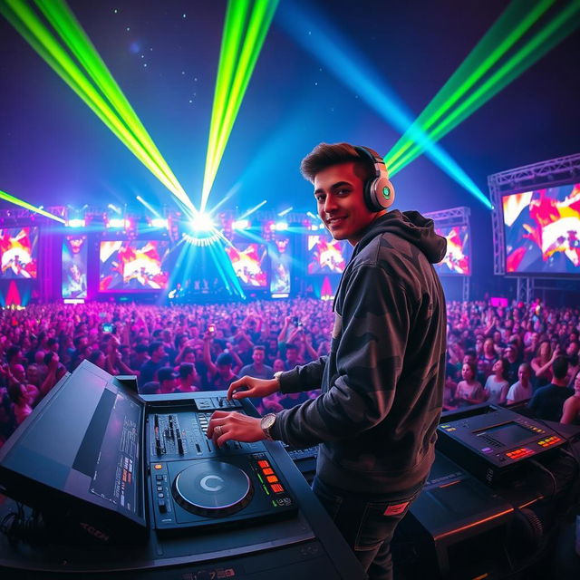 A young male DJ with headphones, confidently mixing tracks on a vibrant and bustling stage at a large music festival