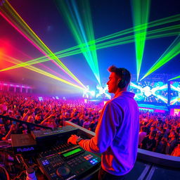 A young male DJ with headphones, confidently mixing tracks on a vibrant and bustling stage at a large music festival