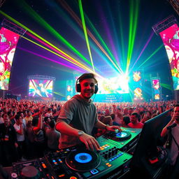 A young male DJ with headphones, confidently mixing tracks on a vibrant and bustling stage at a large music festival