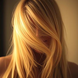 A person with long, flowing blonde hair covering their face, creating an air of mystery