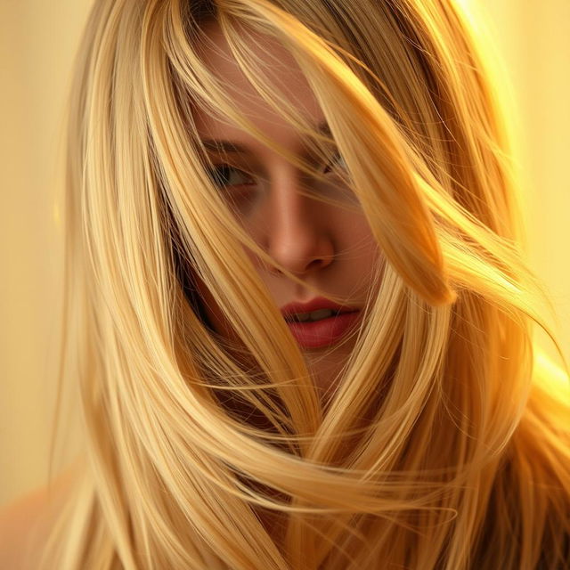 A person with long, flowing blonde hair covering their face, creating an air of mystery