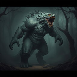 A towering, realistic monster striding through a dark, misty forest, its full body on display as it lets out a bone-chilling scream