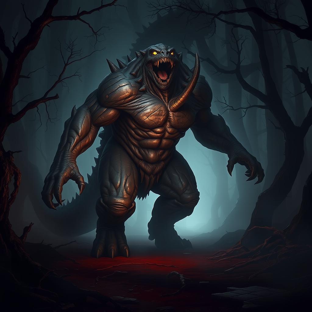 A towering, realistic monster striding through a dark, misty forest, its full body on display as it lets out a bone-chilling scream