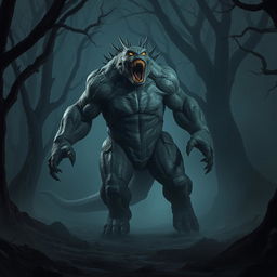 A towering, realistic monster striding through a dark, misty forest, its full body on display as it lets out a bone-chilling scream