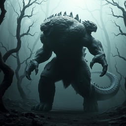 A towering, realistic monster striding through a dark, misty forest, its full body on display as it lets out a bone-chilling scream