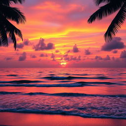 An artistically enhanced photograph of a vibrant sunset over a tranquil beach, with waves gently lapping at the shore