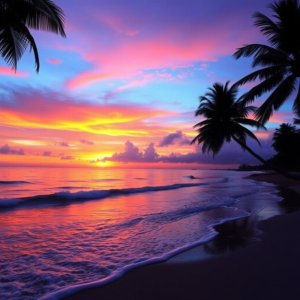 An artistically enhanced photograph of a vibrant sunset over a tranquil beach, with waves gently lapping at the shore