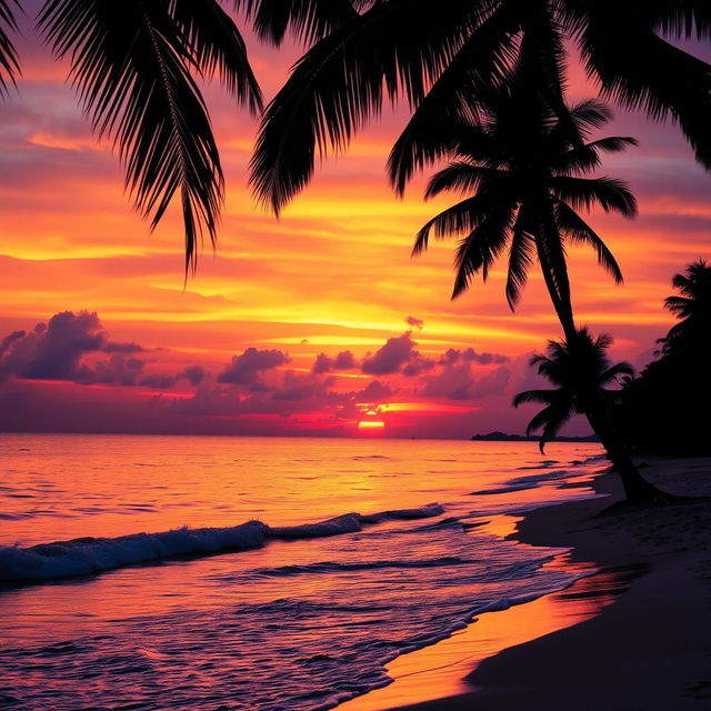 An artistically enhanced photograph of a vibrant sunset over a tranquil beach, with waves gently lapping at the shore