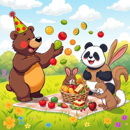 A whimsical scene featuring a group of cartoon animals at a picnic